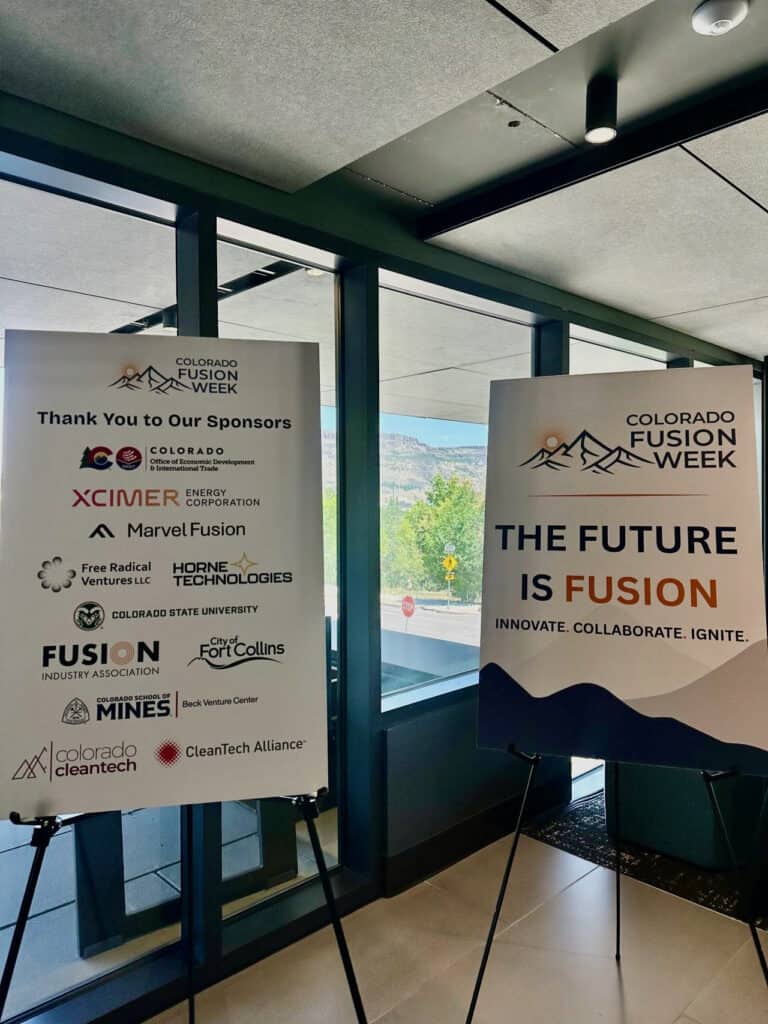 CO Fusion Week - Psyche Digital Banners at an indoor event reading 'Colorado Fusion Week' with sponsor logos and the slogan 'The Future is Fusion'.