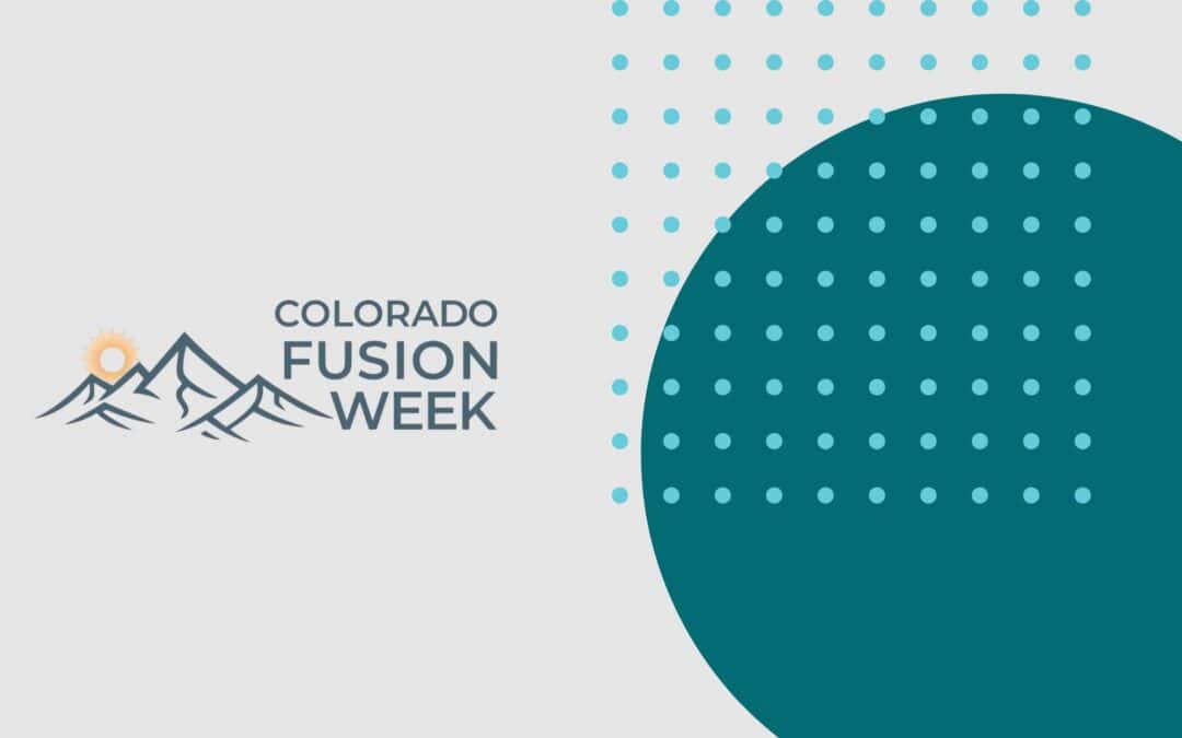 Colorado Fusion Week banner with mountains, sun, and a teal dotted arc on a light gray background